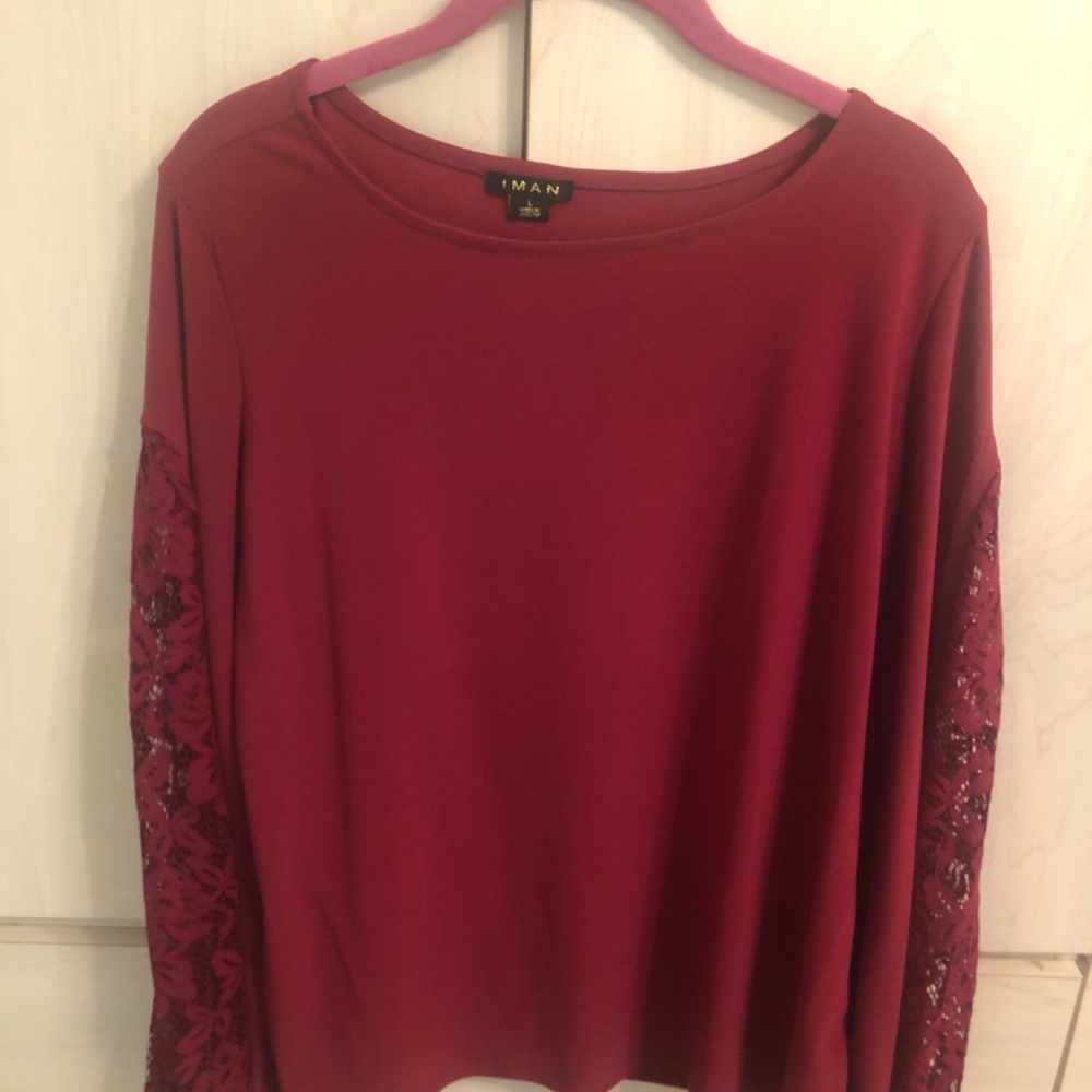 Sale! New Iman Burgundy Blouse w/ Lace Insets & Matching Lace Clutch Set